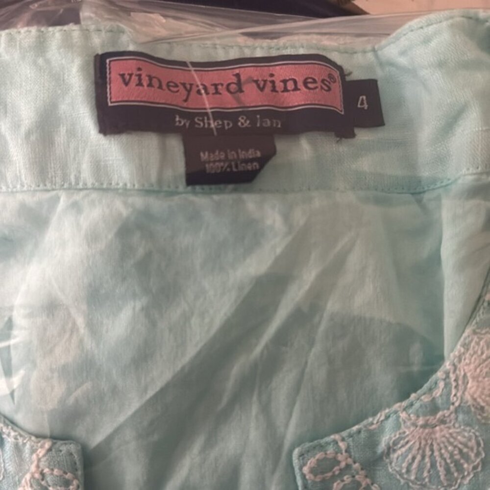 Vineyard Vines Womens Al Fresco Dress Size 4 Aqua 100% Linen Embroidered - Picture 2 of 7